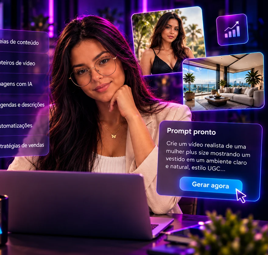 Isa usando um notebook para organizar ideias, vídeos, prompts e aplicações de inteligência artificial